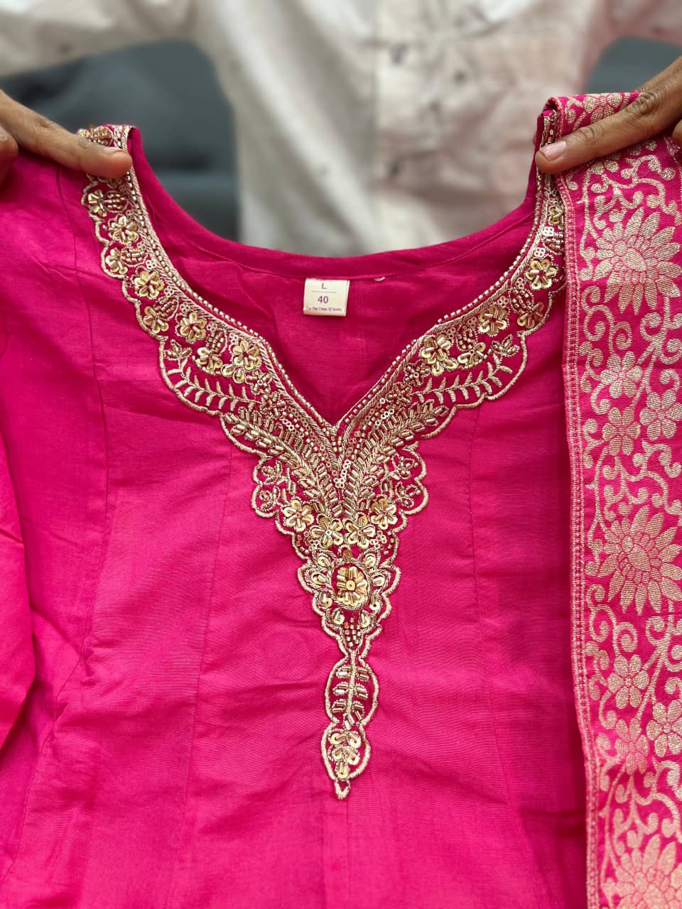 Premium pink Chanderi Anarkali Suit with Banarasi Zari Weaving & Heavy Handwork Neck – Fully Stitched