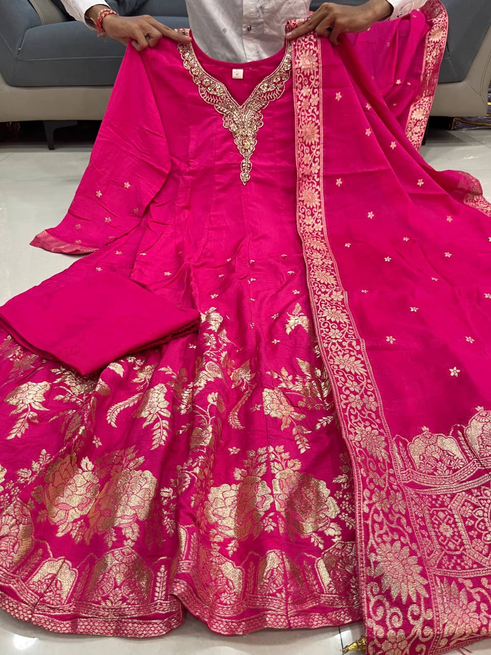 Premium pink Chanderi Anarkali Suit with Banarasi Zari Weaving & Heavy Handwork Neck – Fully Stitched