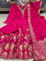 Premium pink Chanderi Anarkali Suit with Banarasi Zari Weaving & Heavy Handwork Neck – Fully Stitched