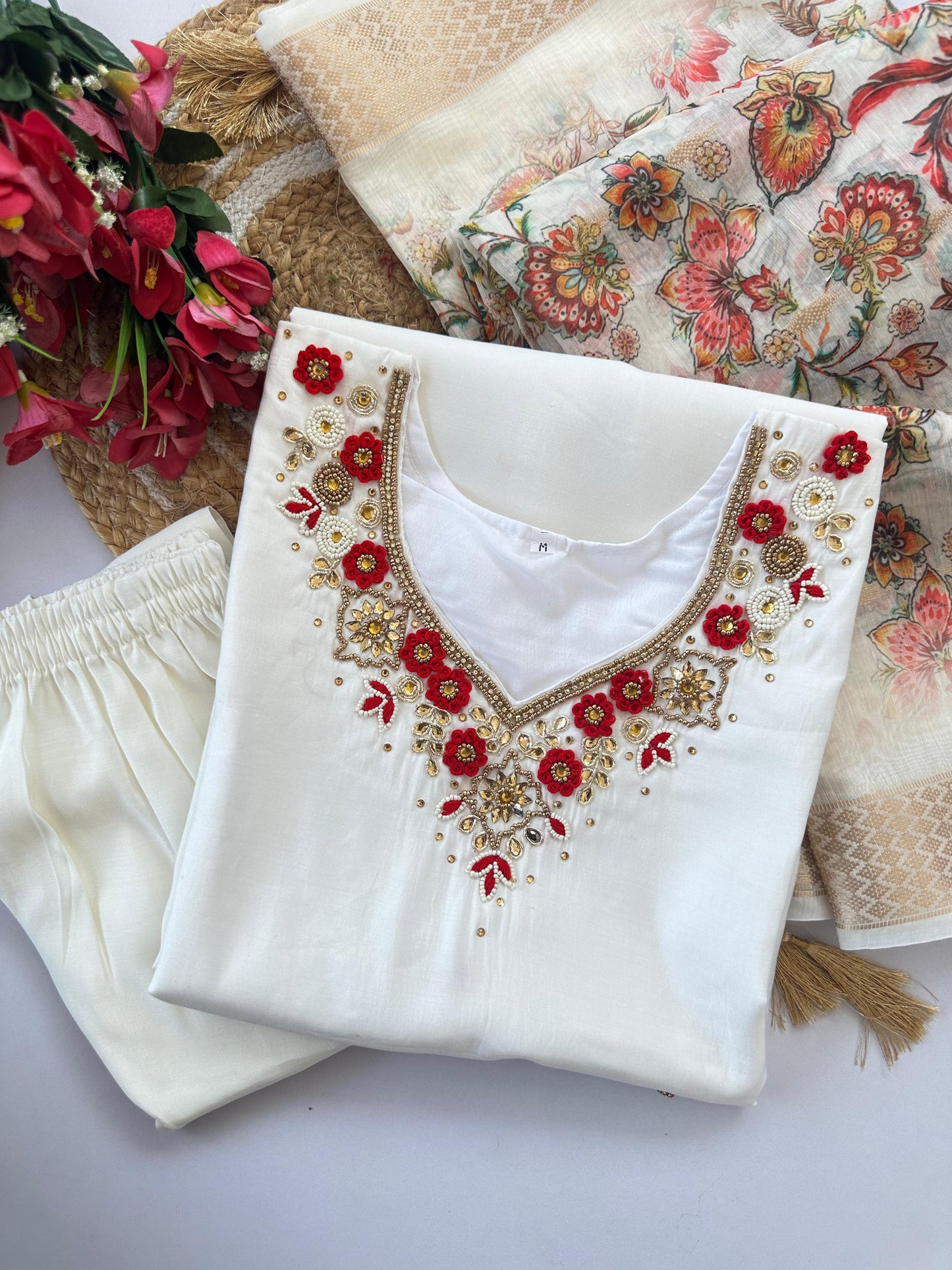 Premium Roman Silk White Handwork Kurta Set with Jacquard Digital Print Dupatta