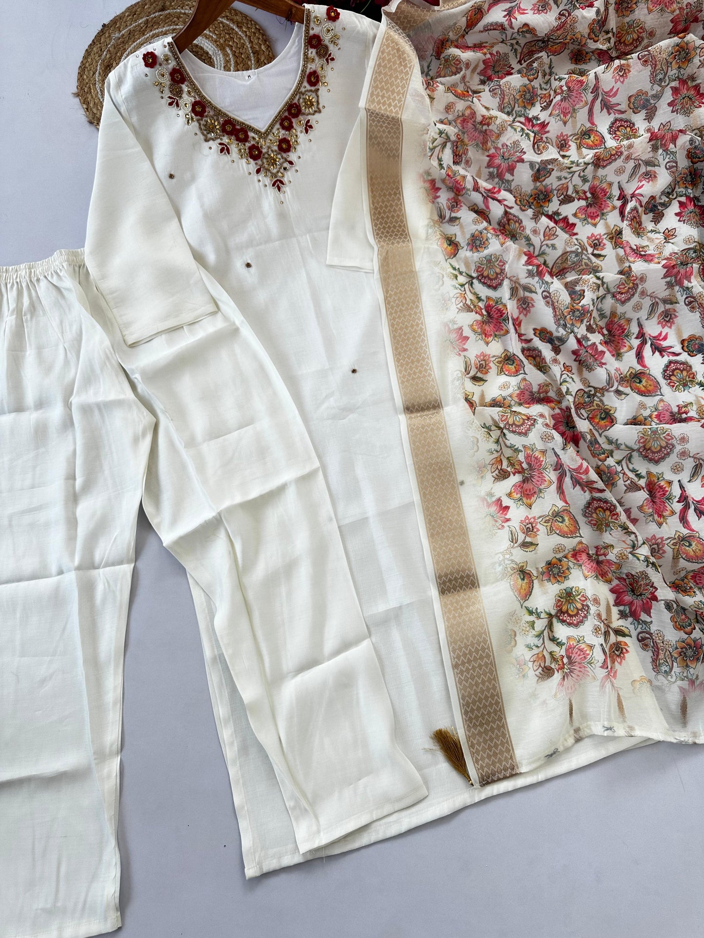 Premium Roman Silk White Handwork Kurta Set with Jacquard Digital Print Dupatta