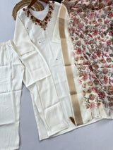 Premium Roman Silk White Handwork Kurta Set with Jacquard Digital Print Dupatta