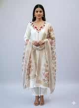 Premium Roman Silk White Handwork Kurta Set with Jacquard Digital Print Dupatta
