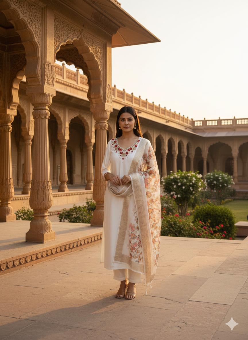 Premium Roman Silk White Handwork Kurta Set with Jacquard Digital Print Dupatta