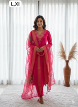 Premium Roman Silk Hot Pink Handwork Kurta Set with Jacquard Digital Print Dupatta