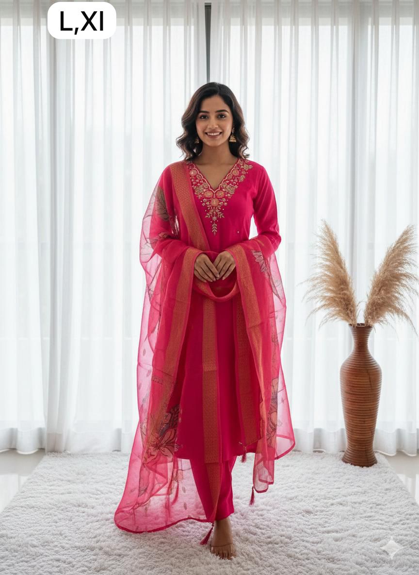 Premium Roman Silk Hot Pink Handwork Kurta Set with Jacquard Digital Print Dupatta