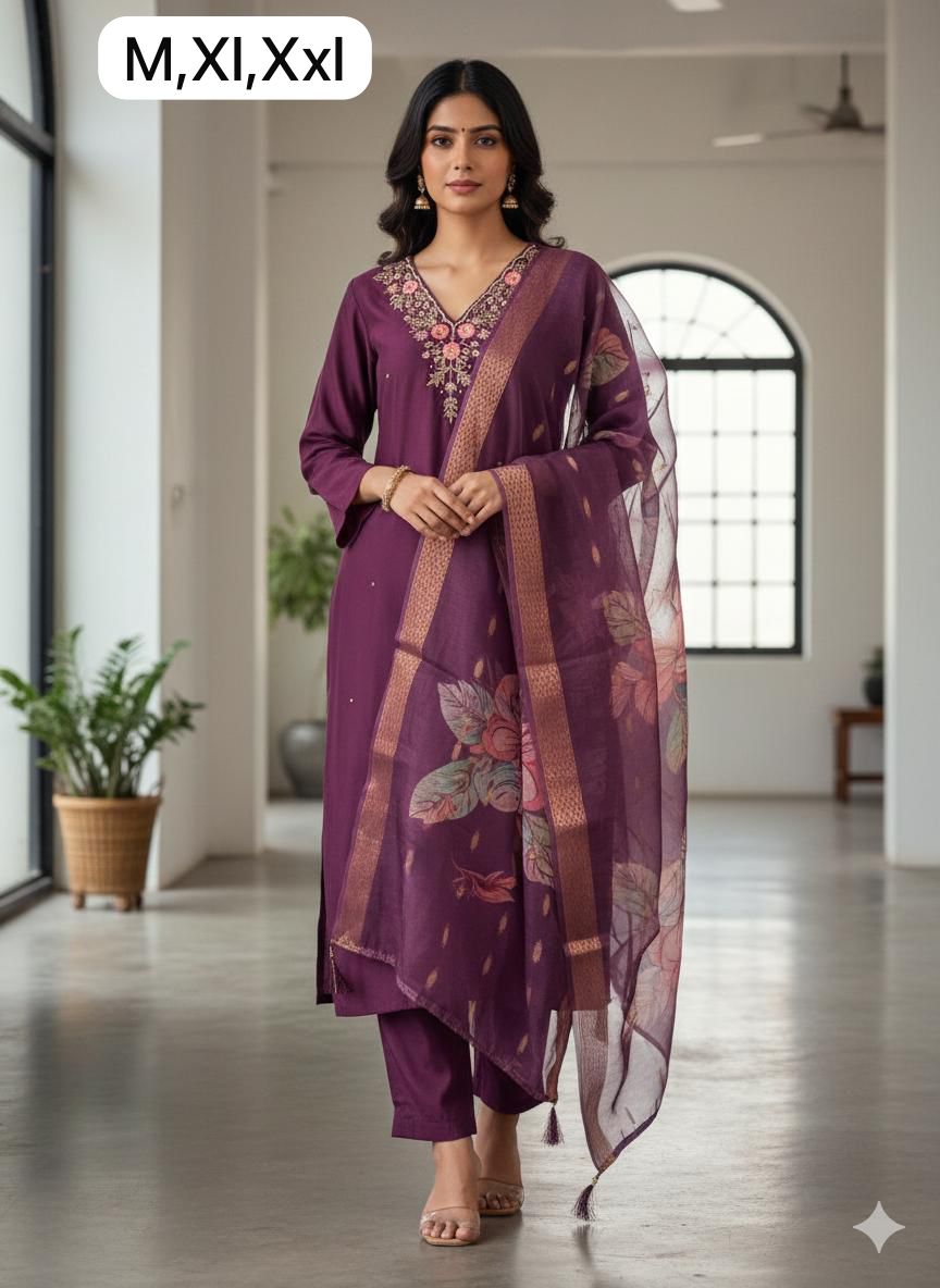 Premium Roman Silk Plum Purple Handwork Kurta Set with Jacquard Digital Print Dupatta