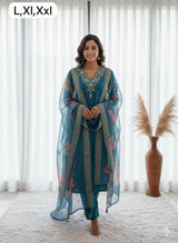 Premium Roman Silk Deep Teal Blue Handwork Kurta Set with Jacquard Digital Print Dupatta