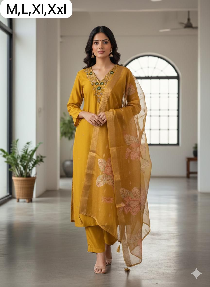 Premium Roman Mustard Yellow Handwork Kurta Set with Jacquard Digital Print Dupatta
