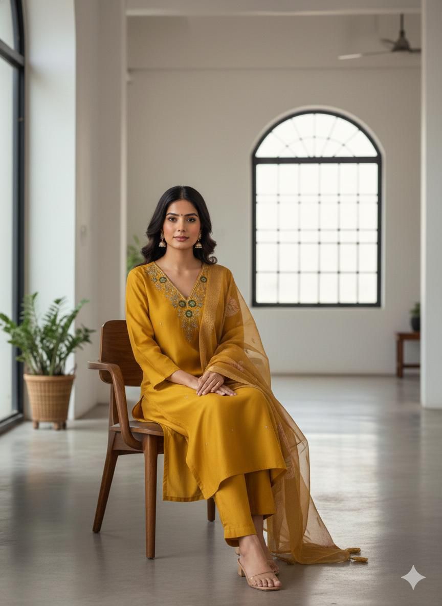 Premium Roman Mustard Yellow Handwork Kurta Set with Jacquard Digital Print Dupatta