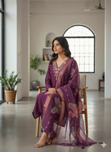 Premium Roman Silk Plum Purple Handwork Kurta Set with Jacquard Digital Print Dupatta
