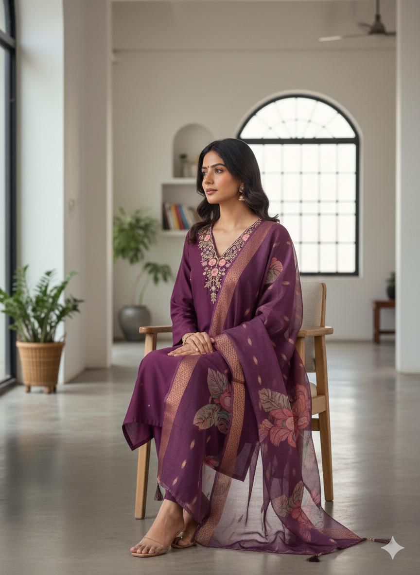 Premium Roman Silk Plum Purple Handwork Kurta Set with Jacquard Digital Print Dupatta