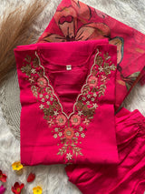 Premium Roman Silk Hot Pink Handwork Kurta Set with Jacquard Digital Print Dupatta