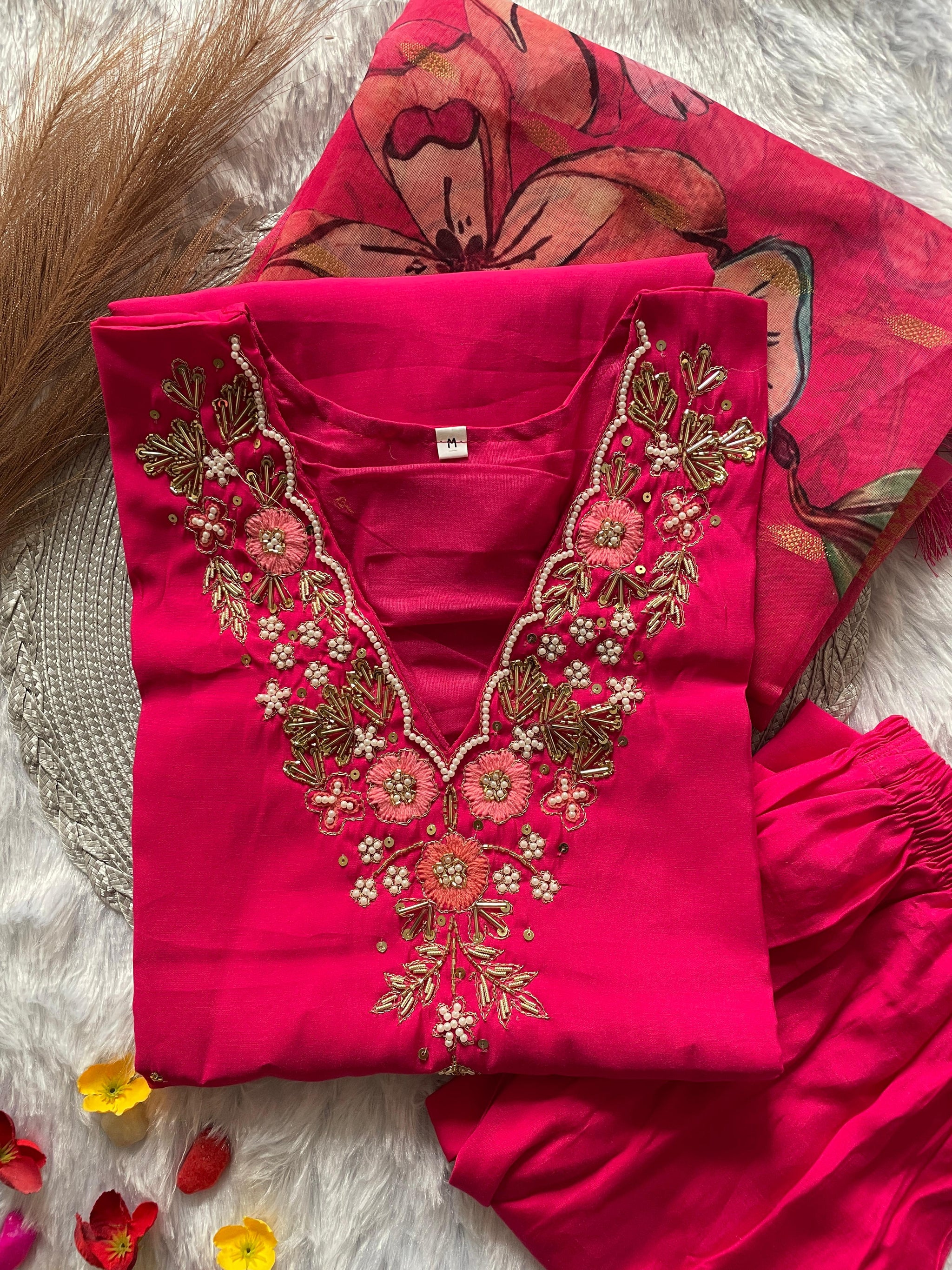 Premium Roman Silk Hot Pink Handwork Kurta Set with Jacquard Digital Print Dupatta