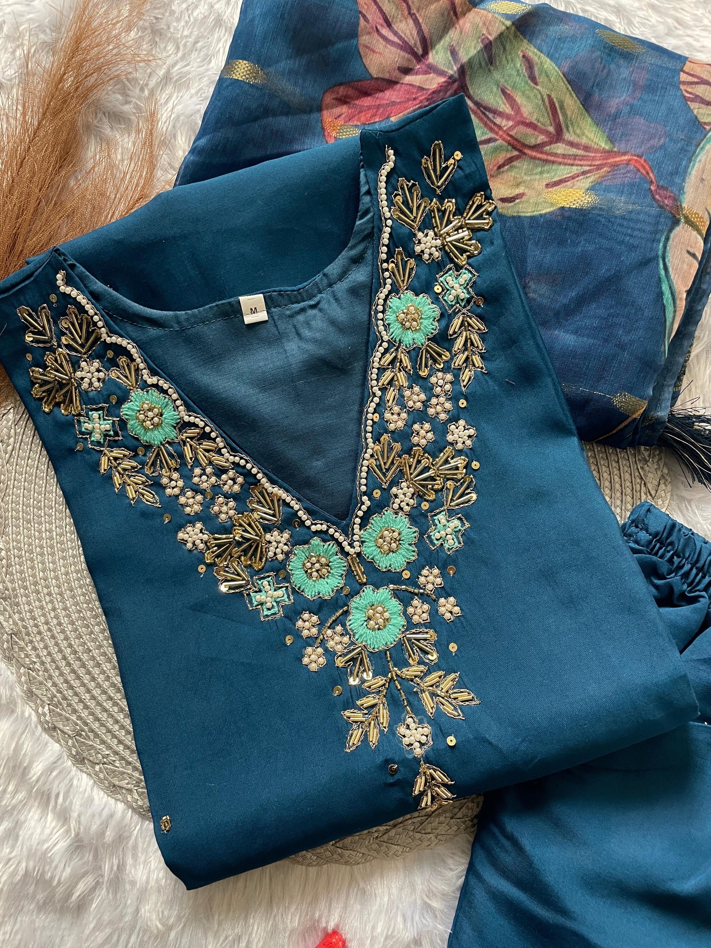 Premium Roman Silk Deep Teal Blue Handwork Kurta Set with Jacquard Digital Print Dupatta