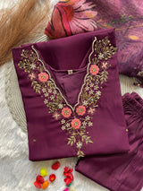 Premium Roman Silk Plum Purple Handwork Kurta Set with Jacquard Digital Print Dupatta