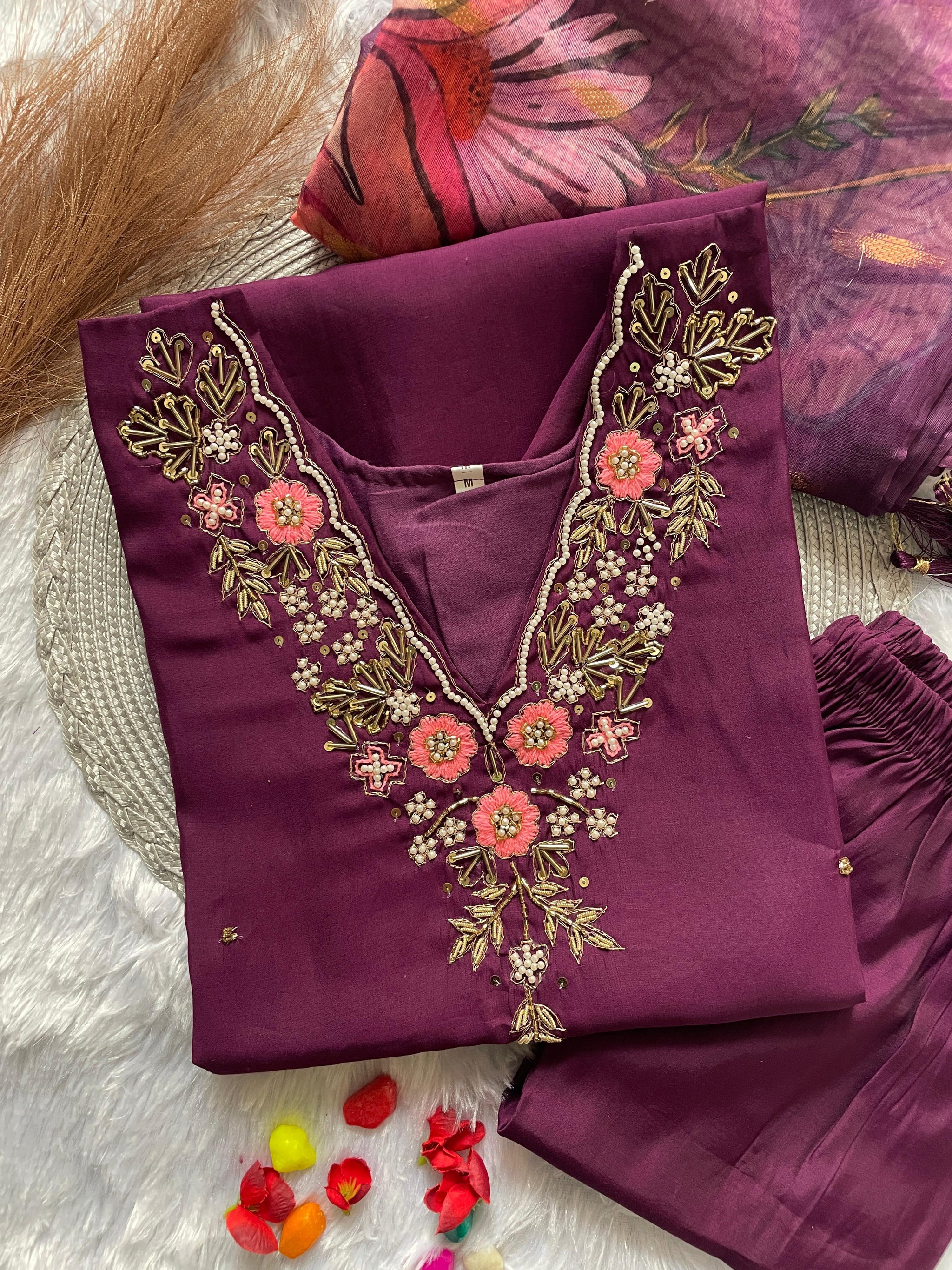 Premium Roman Silk Plum Purple Handwork Kurta Set with Jacquard Digital Print Dupatta