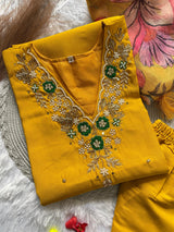 Premium Roman Mustard Yellow Handwork Kurta Set with Jacquard Digital Print Dupatta