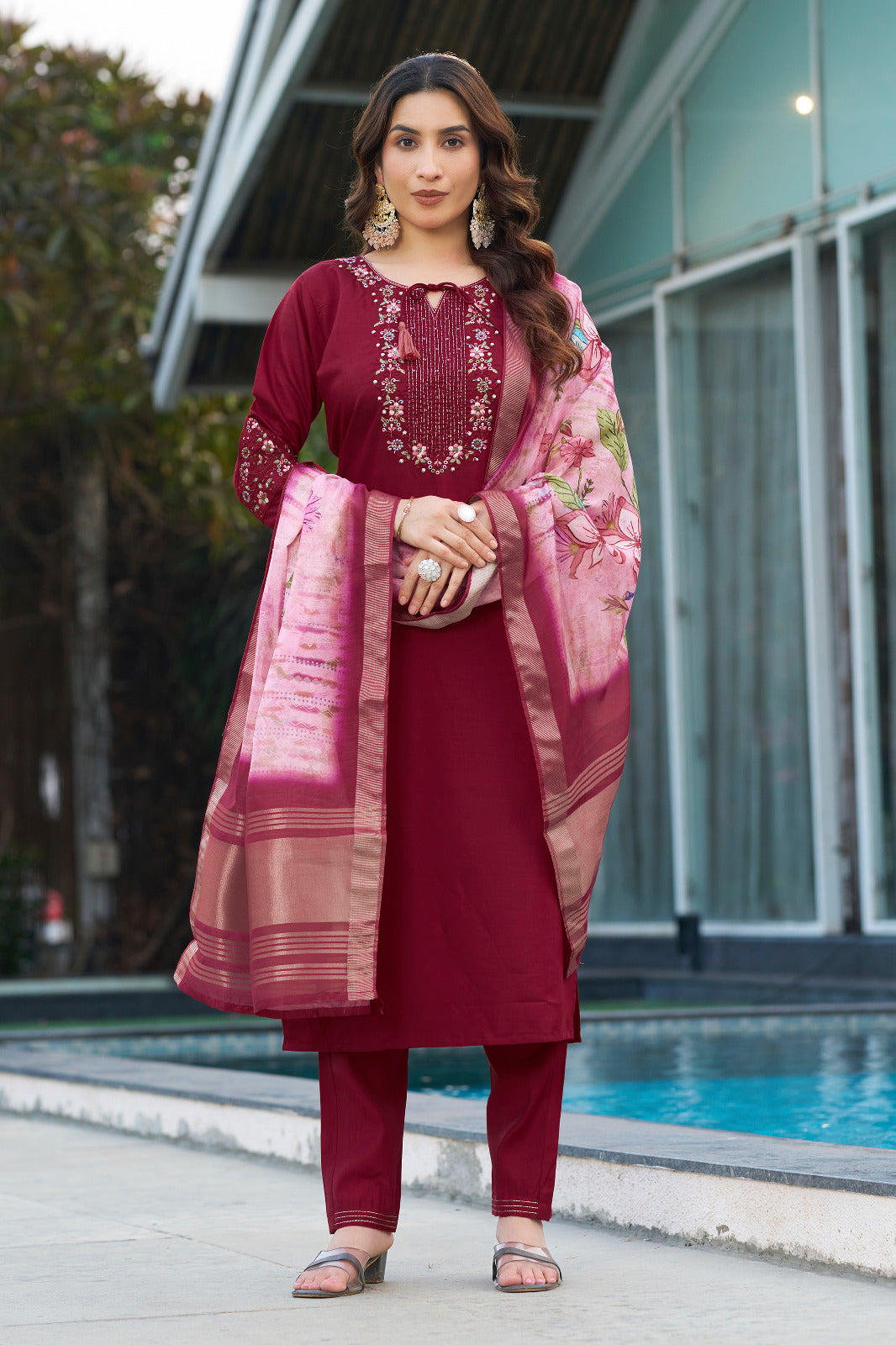 Viscose Silk Embroidered Maroon Kurti Pant Dupatta Set with Maslin Silk Digital Print Dupatta