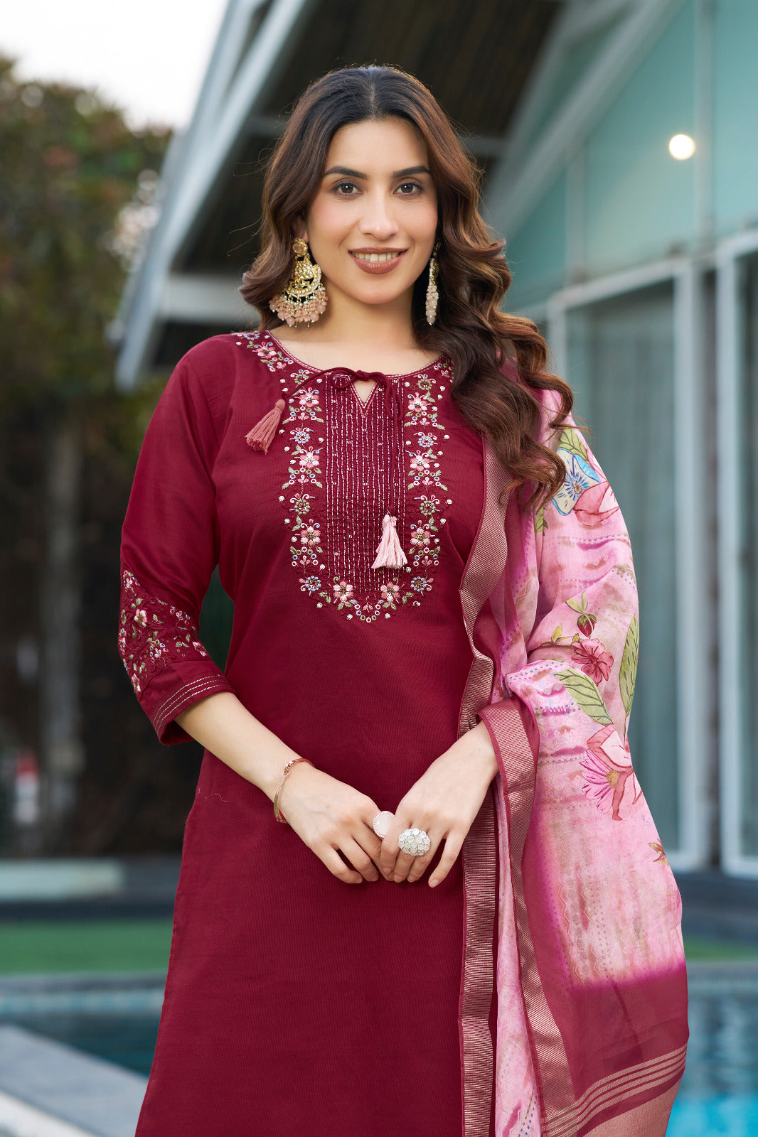 Viscose Silk Embroidered Maroon Kurti Pant Dupatta Set with Maslin Silk Digital Print Dupatta