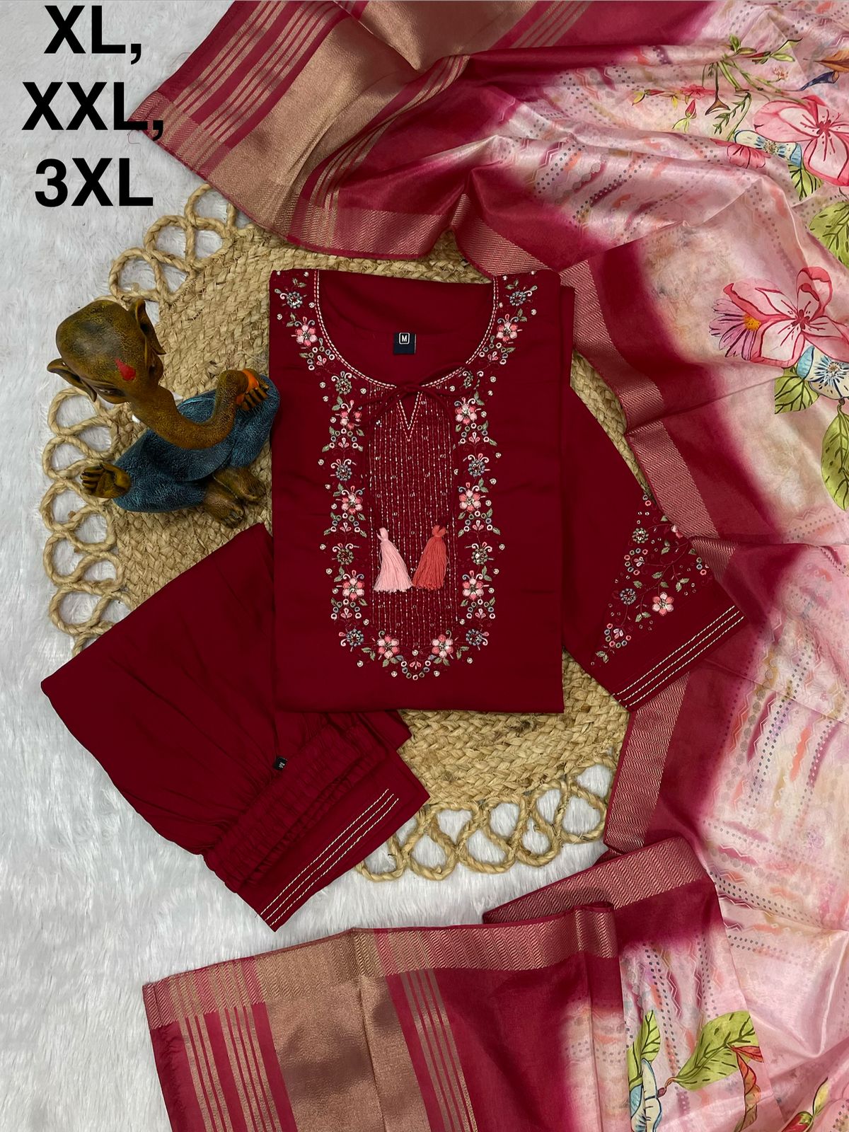 Viscose Silk Embroidered Maroon Kurti Pant Dupatta Set with Maslin Silk Digital Print Dupatta