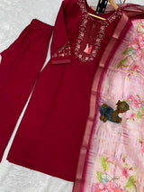 Viscose Silk Embroidered Maroon Kurti Pant Dupatta Set with Maslin Silk Digital Print Dupatta