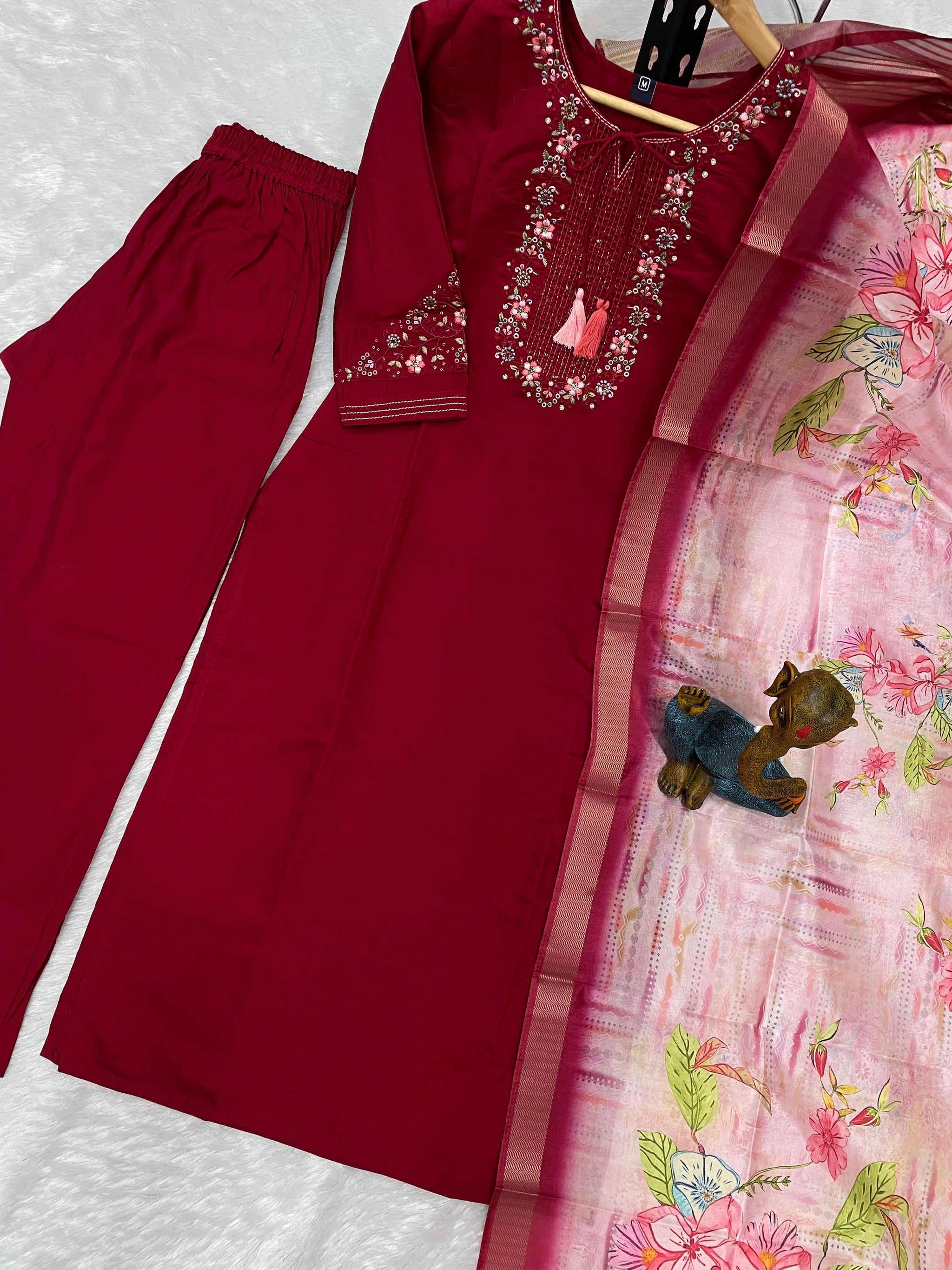 Viscose Silk Embroidered Maroon Kurti Pant Dupatta Set with Maslin Silk Digital Print Dupatta