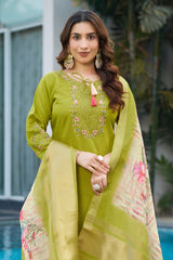 Viscose Silk Embroidered Parrot Kurti Pant Dupatta Set with Maslin Silk Digital Print Dupatta