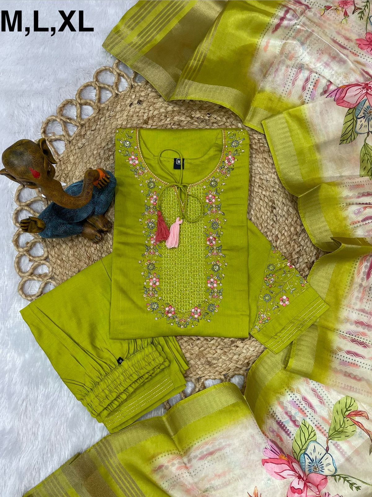 Viscose Silk Embroidered Parrot Kurti Pant Dupatta Set with Maslin Silk Digital Print Dupatta