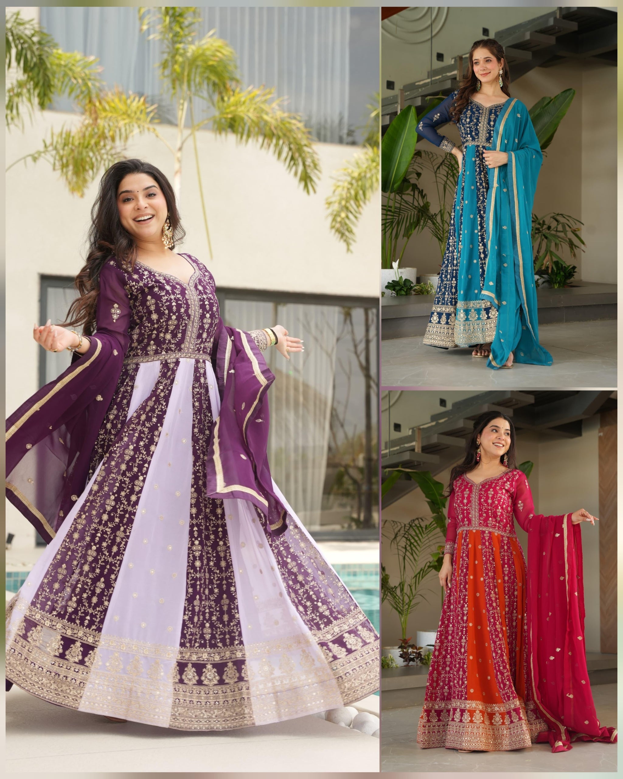 Faux Blooming Zari & Sequins Embroidered Gown with Dupatta – Full Sleeve Kali Pattern Party Wear