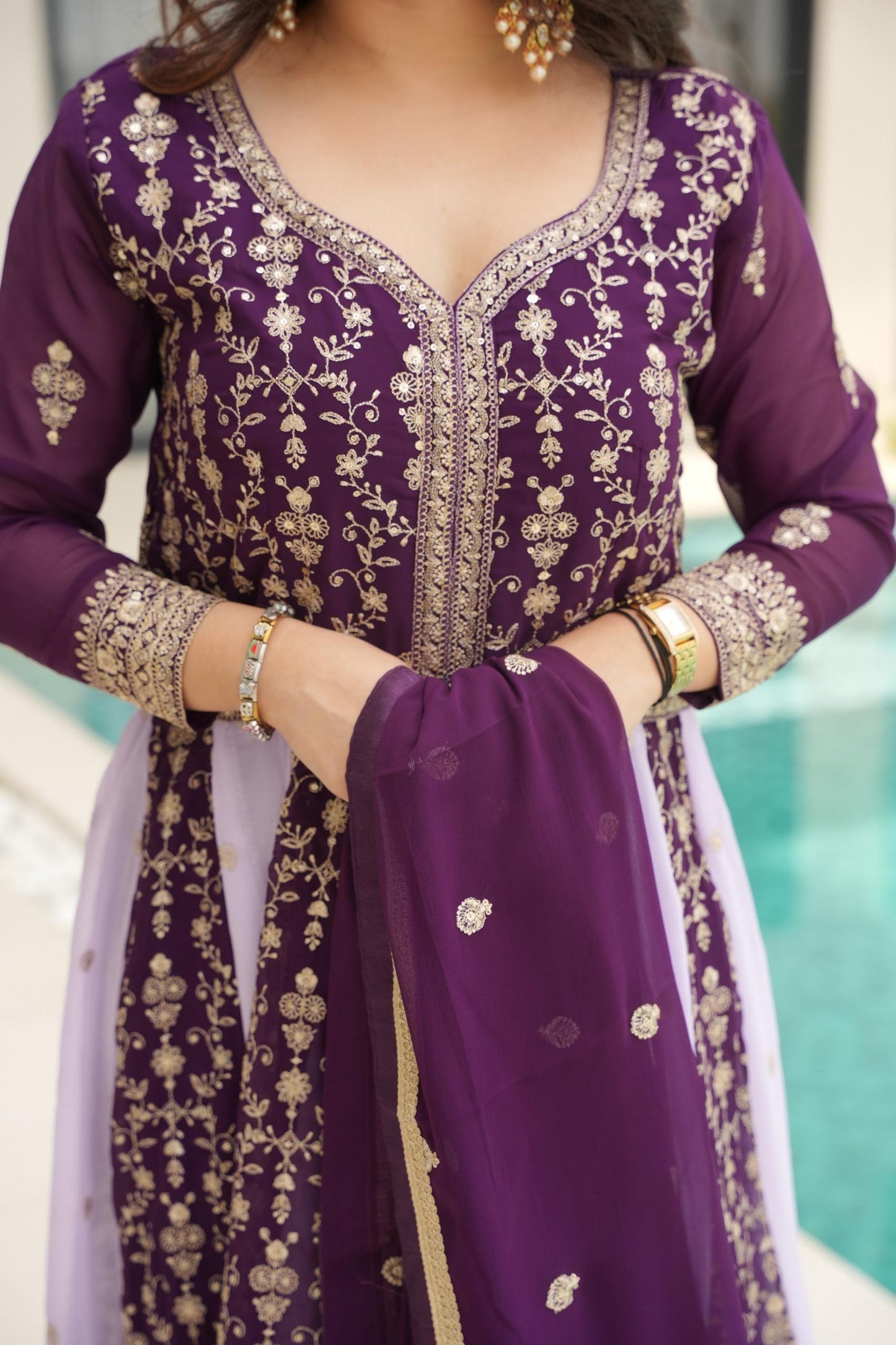 Faux Blooming Zari & Sequins Embroidered Gown with Dupatta – Full Sleeve Kali Pattern Party Wear