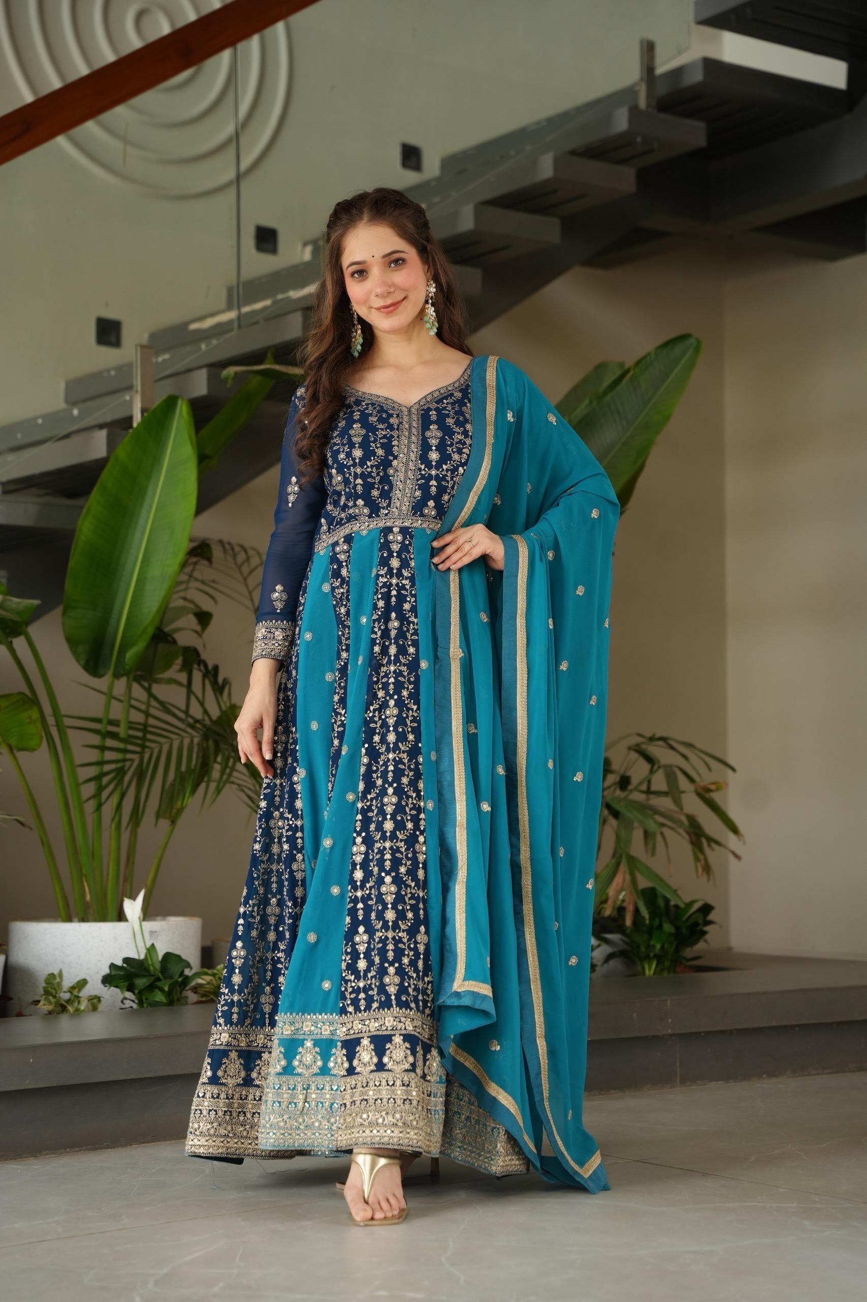 Faux Blooming Zari & Sequins Embroidered Gown with Dupatta – Full Sleeve Kali Pattern Party Wear