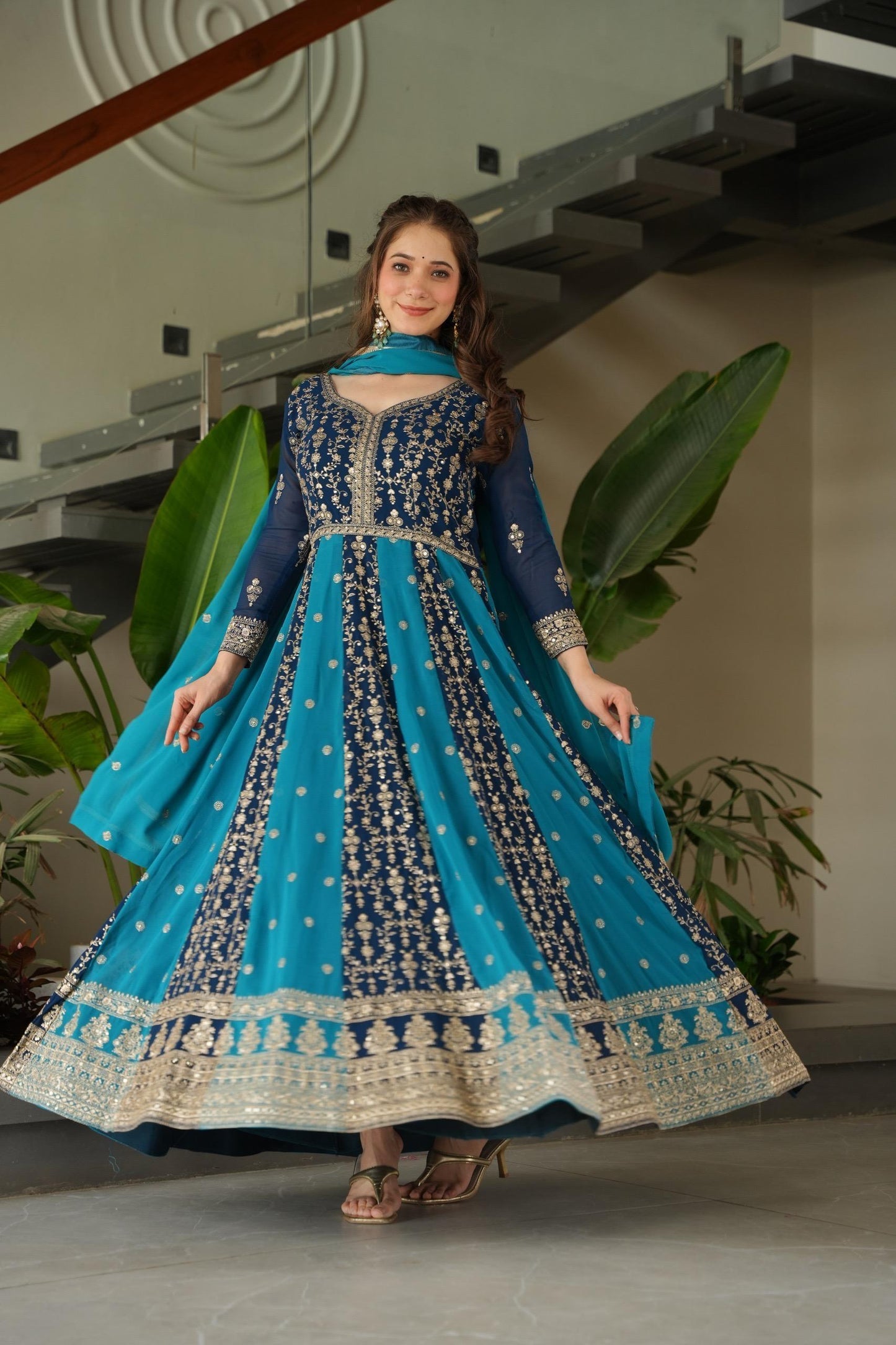 Faux Blooming Zari & Sequins Embroidered Gown with Dupatta – Full Sleeve Kali Pattern Party Wear