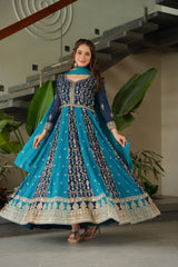 Faux Blooming Zari & Sequins Embroidered Gown with Dupatta – Full Sleeve Kali Pattern Party Wear