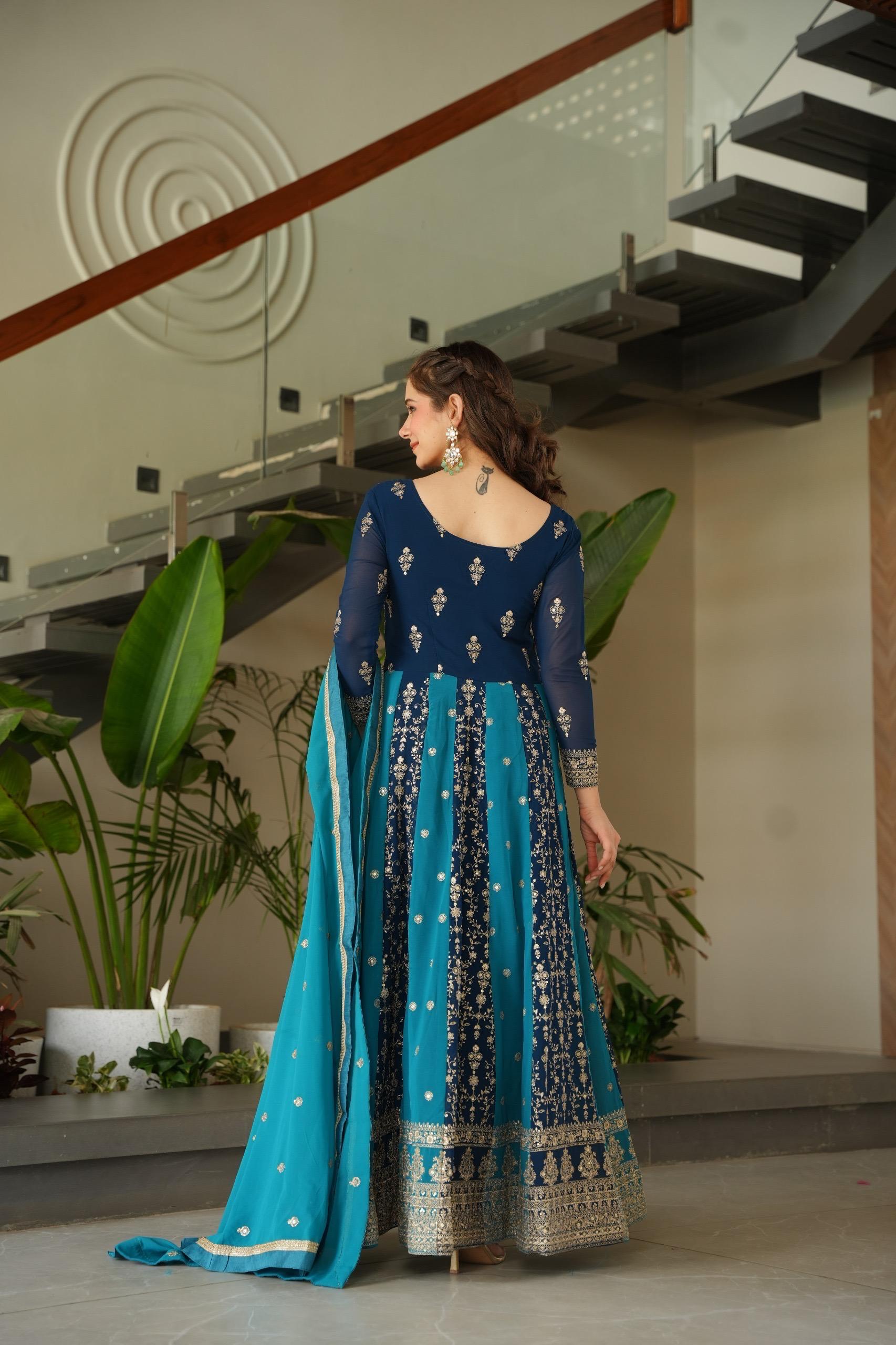 Faux Blooming Zari & Sequins Embroidered Gown with Dupatta – Full Sleeve Kali Pattern Party Wear