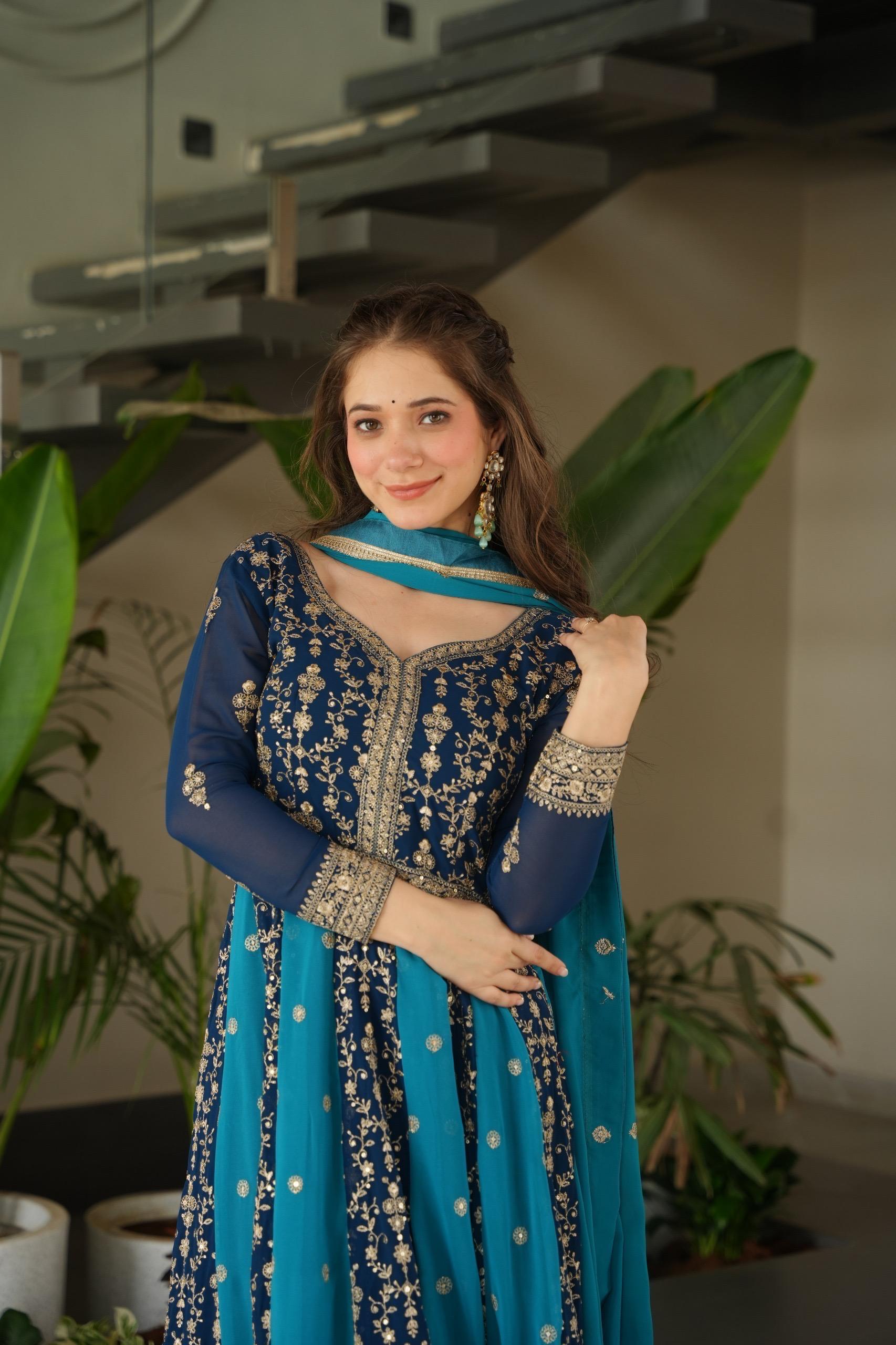 Faux Blooming Zari & Sequins Embroidered Gown with Dupatta – Full Sleeve Kali Pattern Party Wear