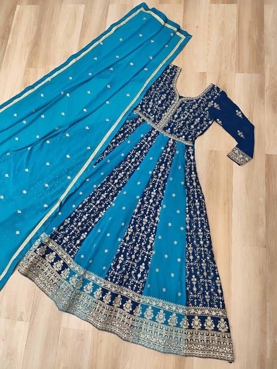 Faux Blooming Zari & Sequins Embroidered Gown with Dupatta – Full Sleeve Kali Pattern Party Wear