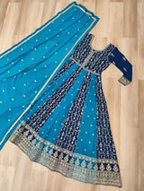 Faux Blooming Zari & Sequins Embroidered Gown with Dupatta – Full Sleeve Kali Pattern Party Wear