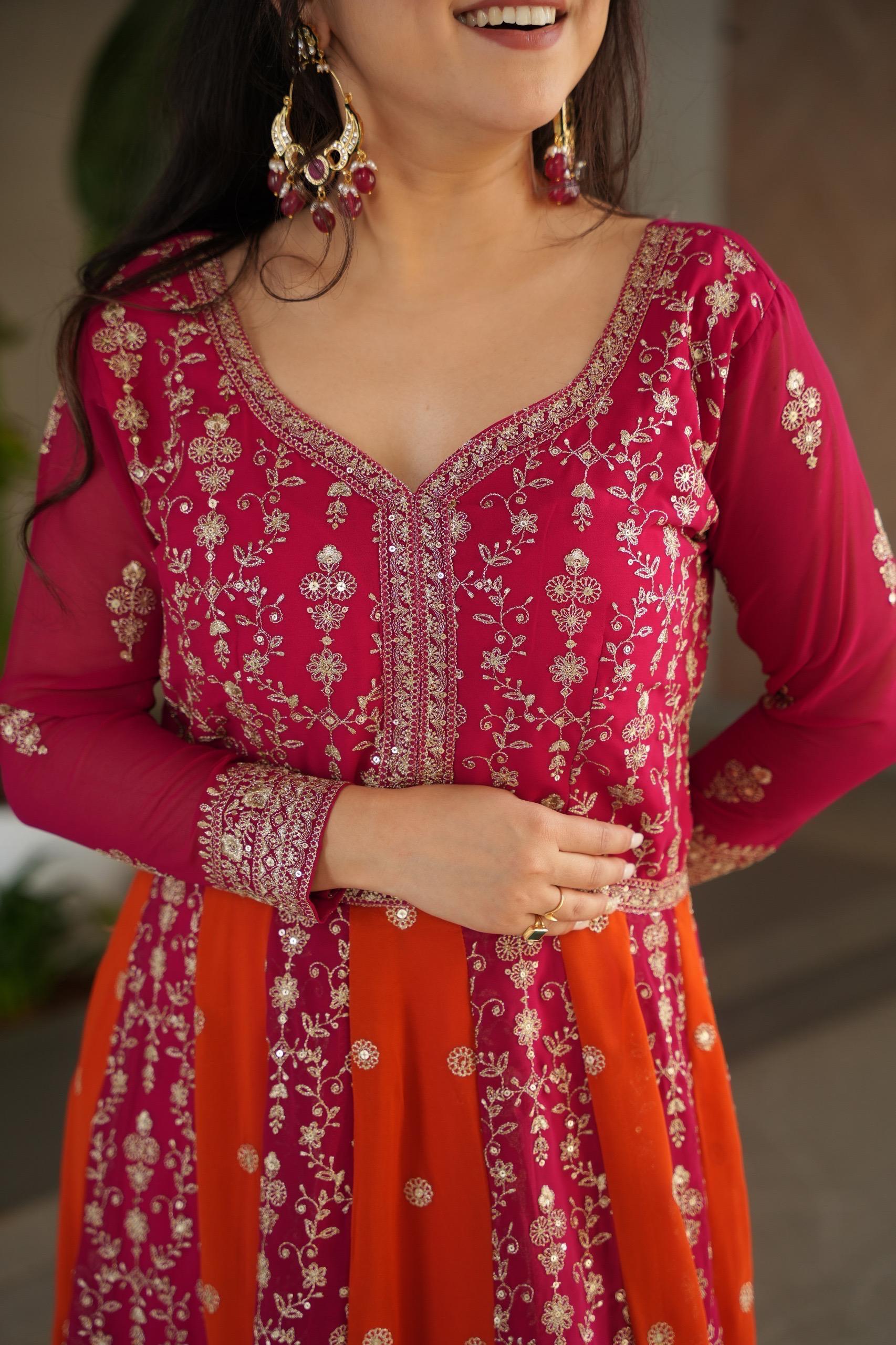 Faux Blooming Zari & Sequins Embroidered Gown with Dupatta – Full Sleeve Kali Pattern Party Wear
