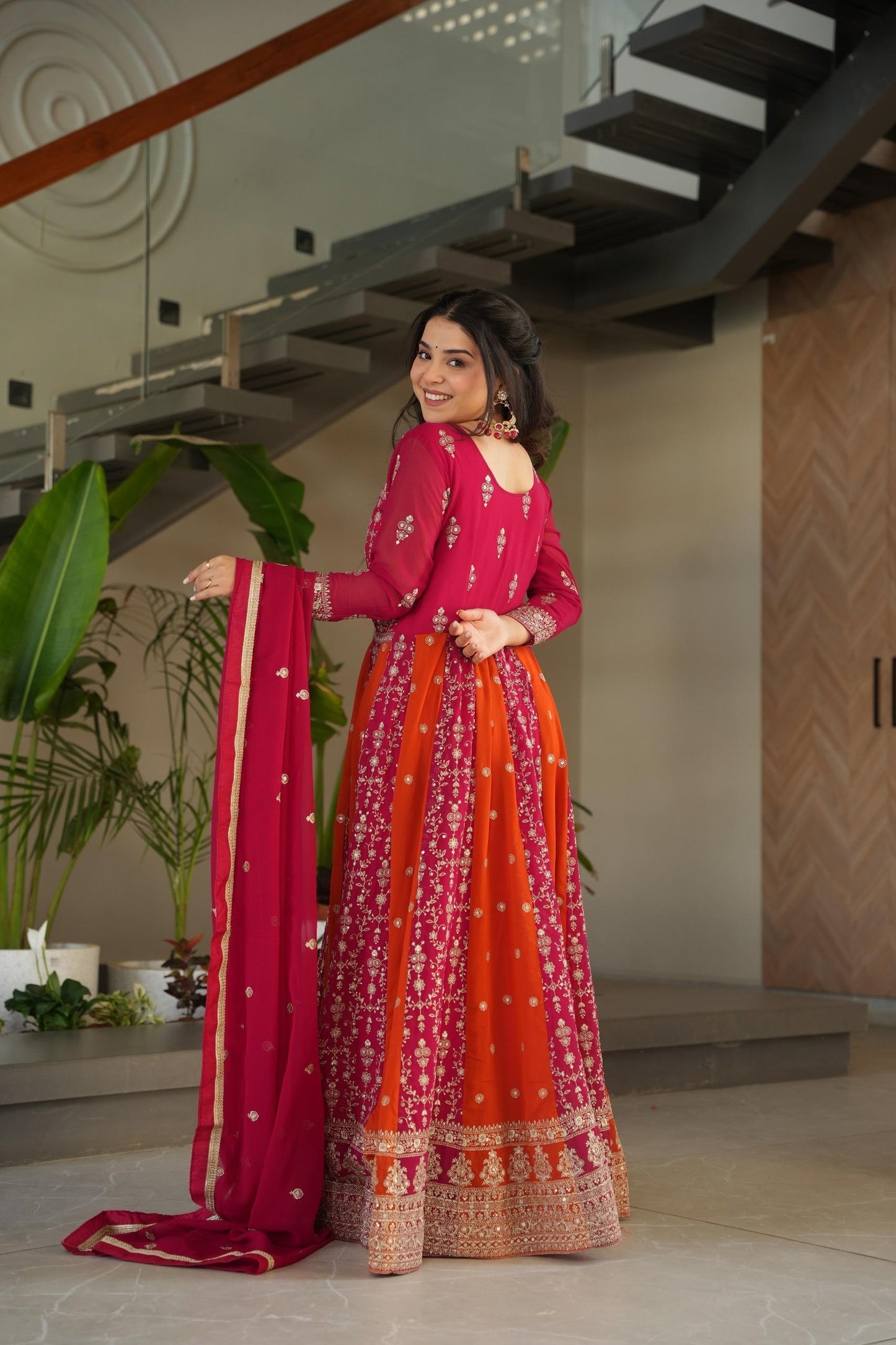 Faux Blooming Zari & Sequins Embroidered Gown with Dupatta – Full Sleeve Kali Pattern Party Wear