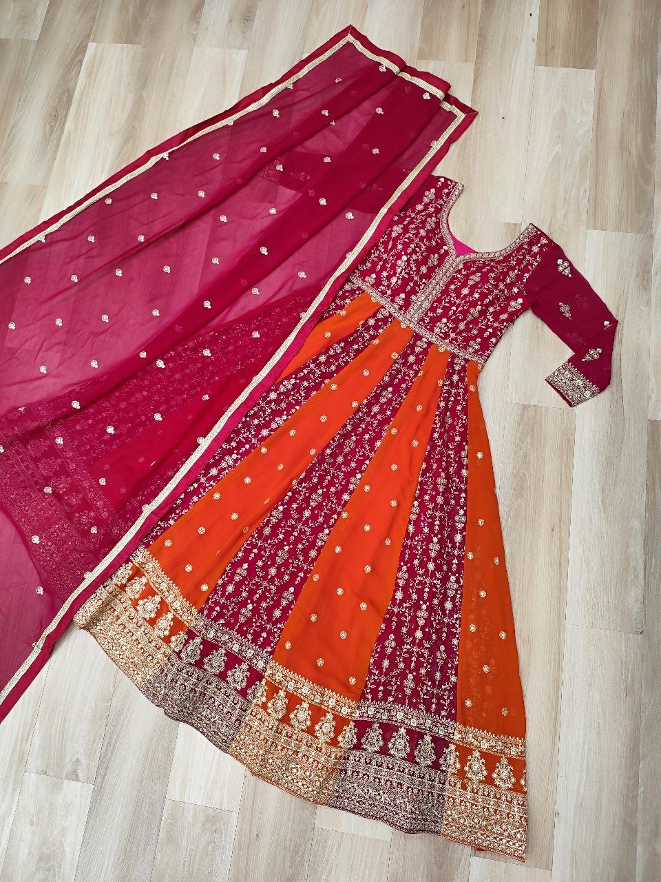 Faux Blooming Zari & Sequins Embroidered Gown with Dupatta – Full Sleeve Kali Pattern Party Wear
