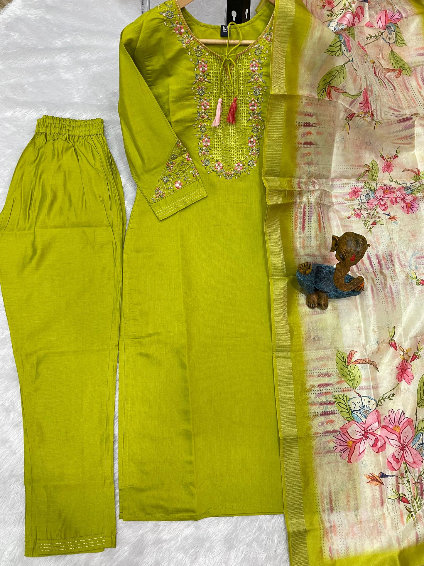 Viscose Silk Embroidered Parrot Kurti Pant Dupatta Set with Maslin Silk Digital Print Dupatta