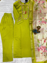 Viscose Silk Embroidered Parrot Kurti Pant Dupatta Set with Maslin Silk Digital Print Dupatta