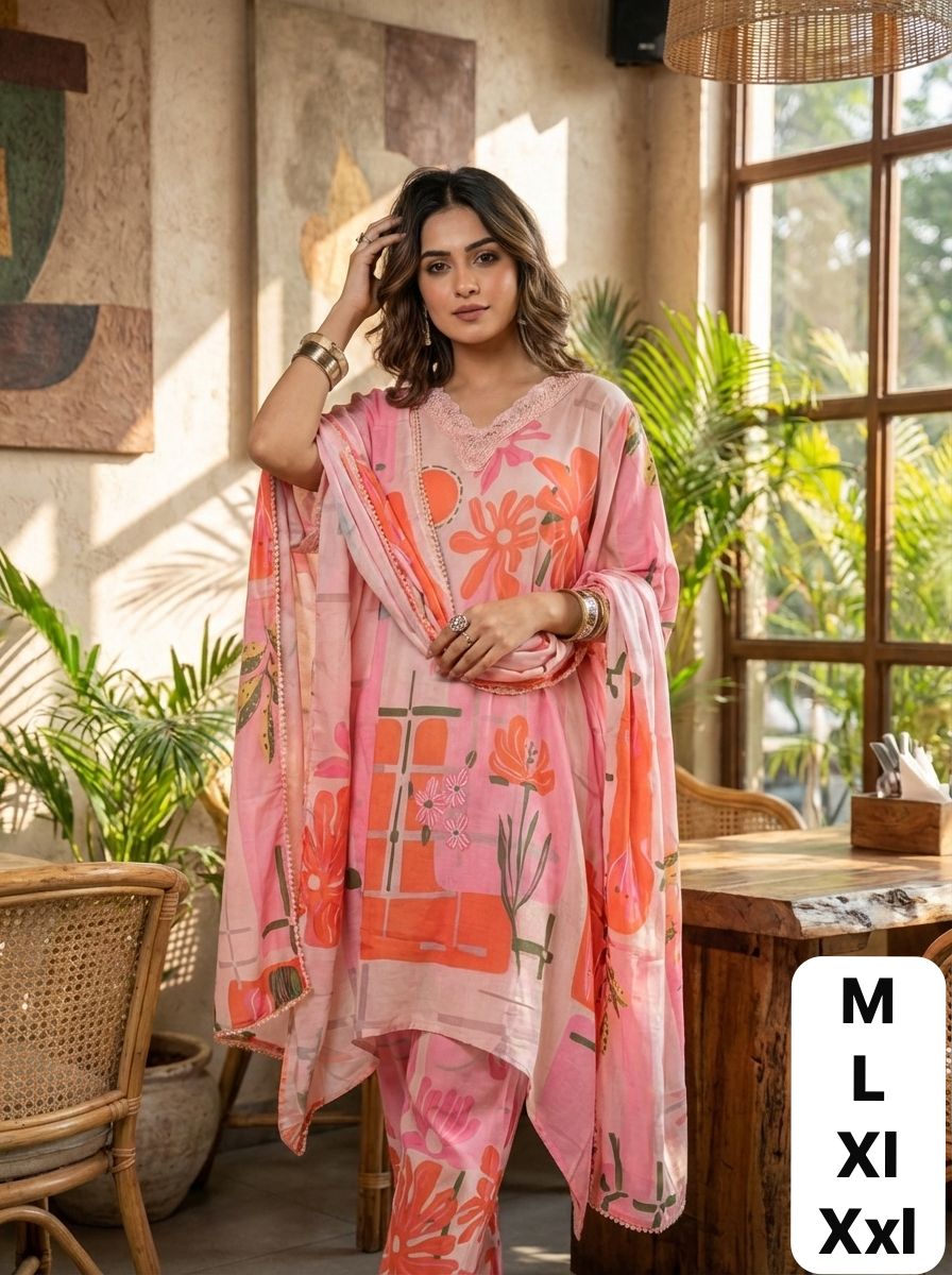Premium Printed Cotton Co-Ord Set for Women with Embroidered A-Line Kurta, Pants and Cotton Dupatta