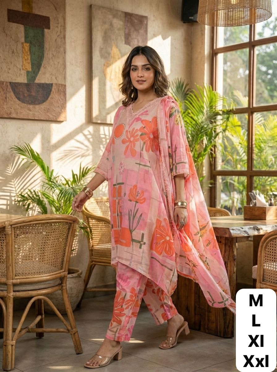 Premium Printed Cotton Co-Ord Set for Women with Embroidered A-Line Kurta, Pants and Cotton Dupatta