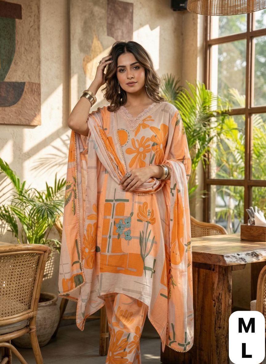 Premium Printed Cotton Co-Ord Set for Women with Embroidered A-Line Kurta, Pants and Cotton Dupatta