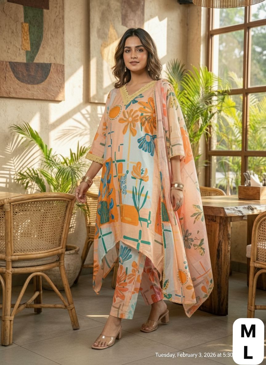 Premium Printed Cotton Co-Ord Set for Women with Embroidered A-Line Kurta, Pants and Cotton Dupatta