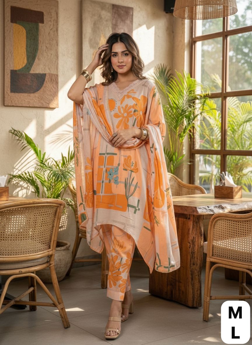 Premium Printed Cotton Co-Ord Set for Women with Embroidered A-Line Kurta, Pants and Cotton Dupatta