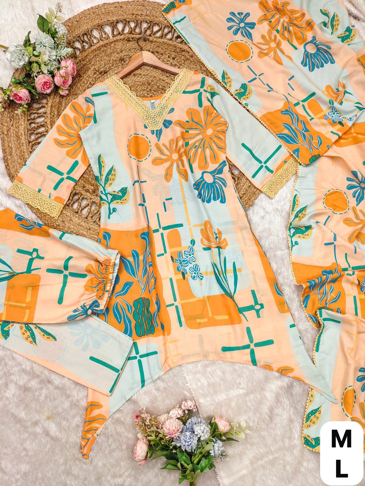 Premium Printed Cotton Co-Ord Set for Women with Embroidered A-Line Kurta, Pants and Cotton Dupatta