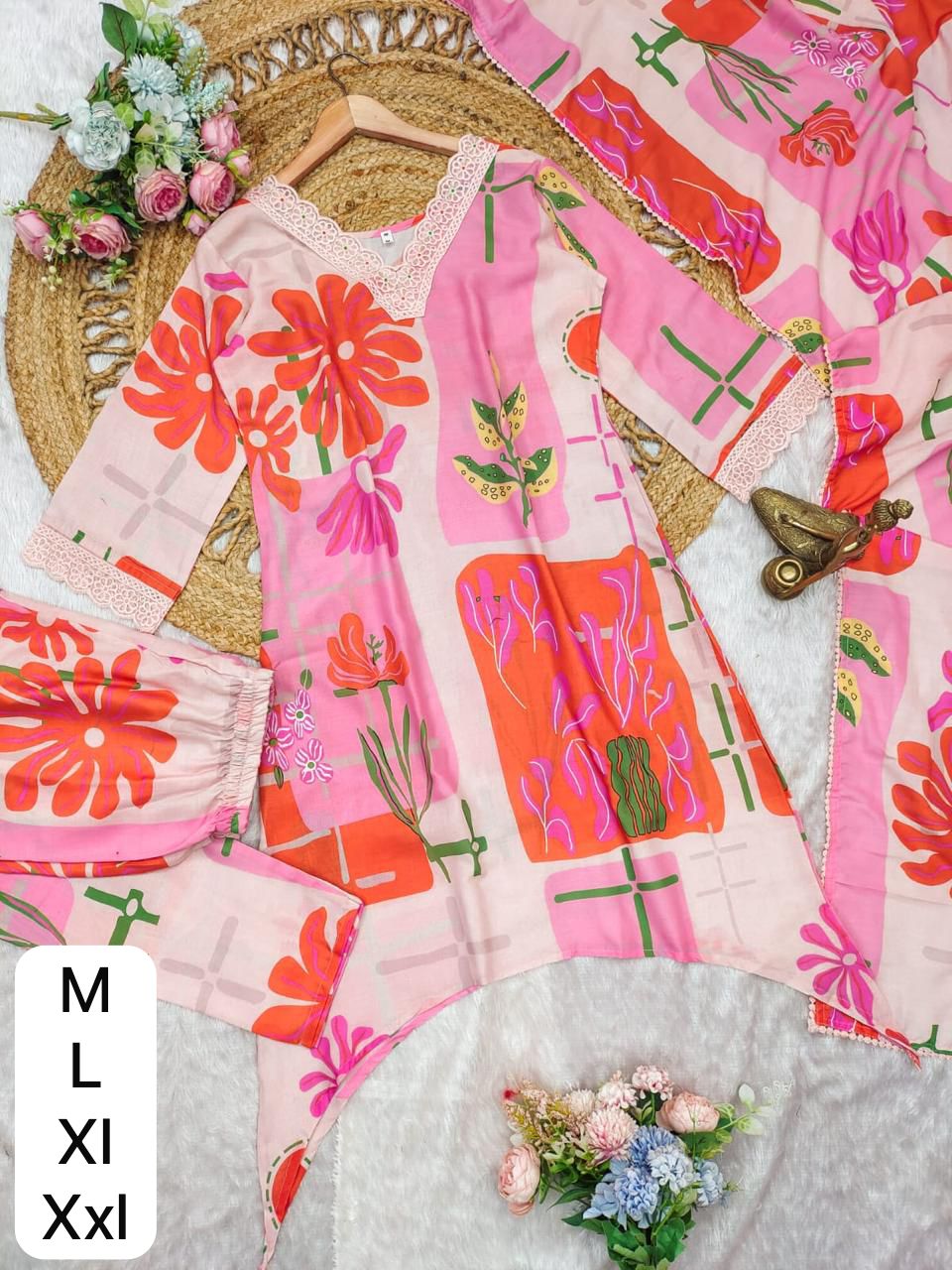 Premium Printed Cotton Co-Ord Set for Women with Embroidered A-Line Kurta, Pants and Cotton Dupatta